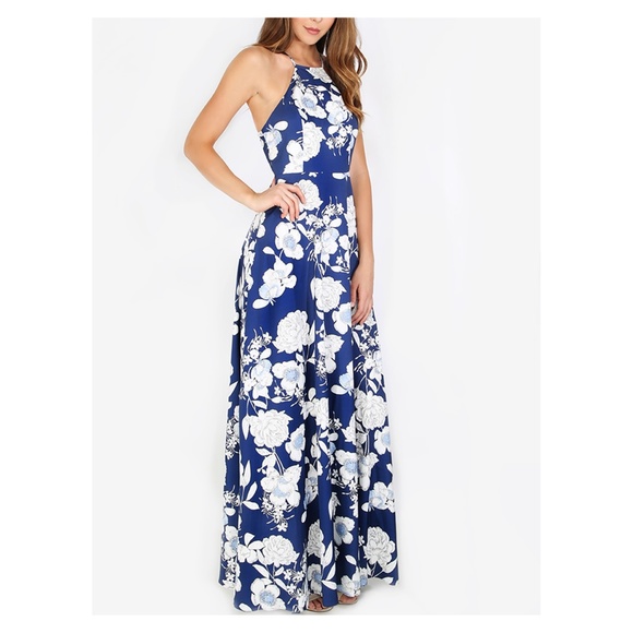 Blue White Floral Halter Neck Maxi Dress - Picture 2 of 5